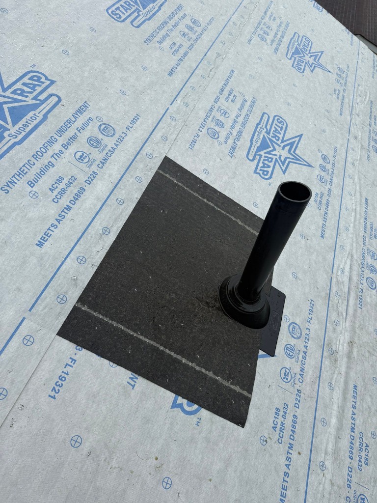 Pipe vent boot on synthetic roofing underlayment installation Western PA — TriState Home Consulting Group